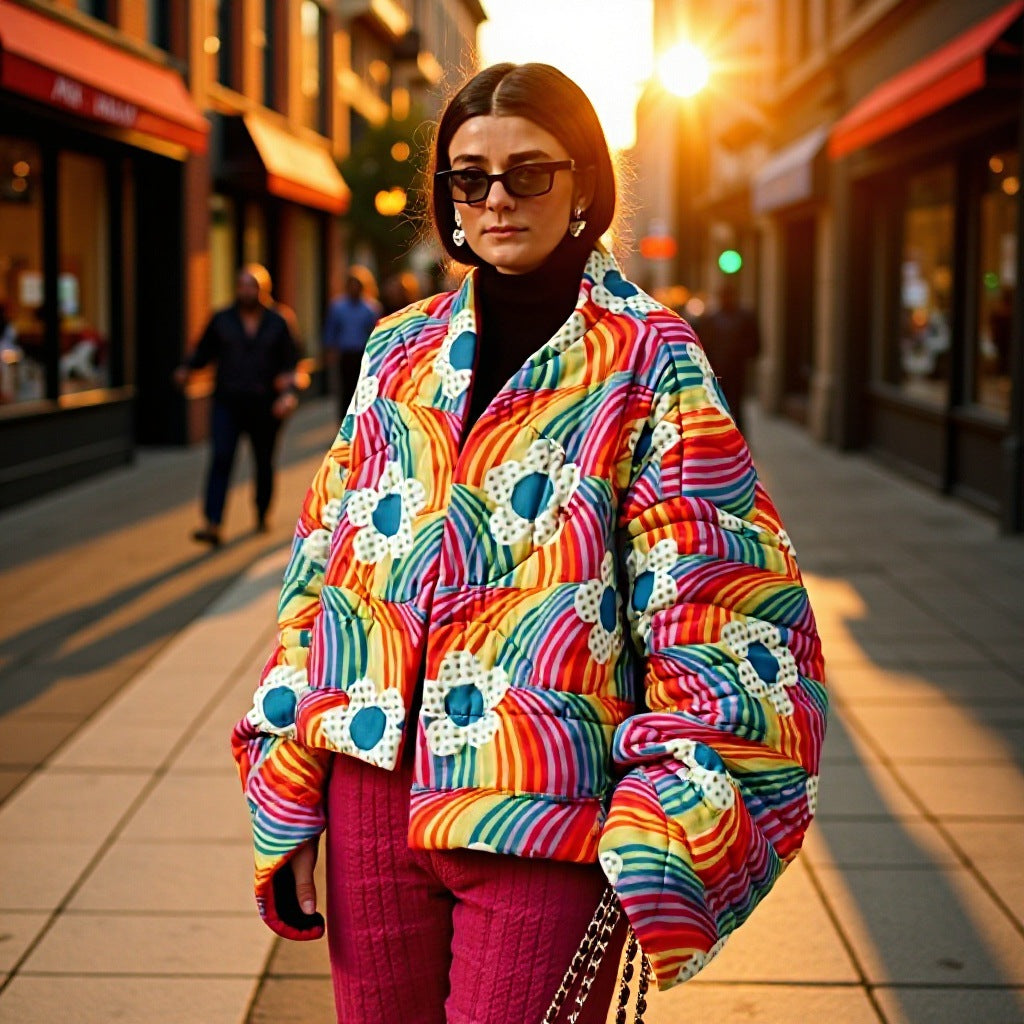 Damen Kurze Oversize-Steppjacke mit bunten Regenbogenstreifen und Blumenapplikation Echo Archiv