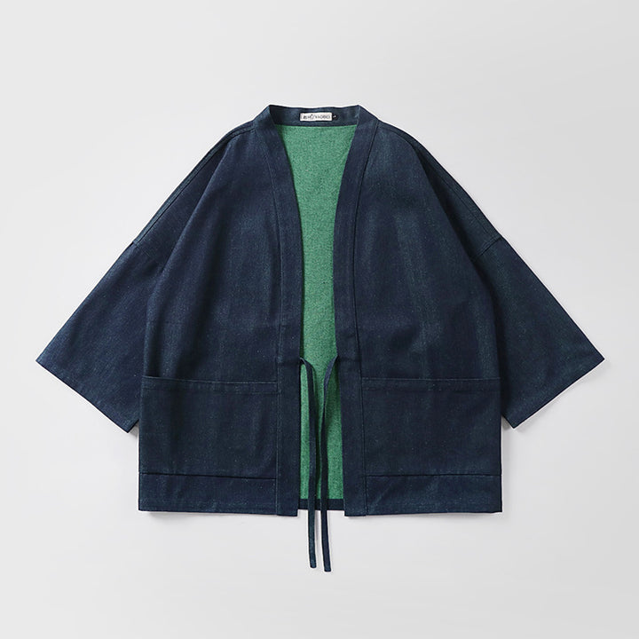 Unisex weit geschnittene Kimono-Jacke aus Baumwoll-Denim mit Bindeband und großen Aufgesetzten Taschen Echoarchiv