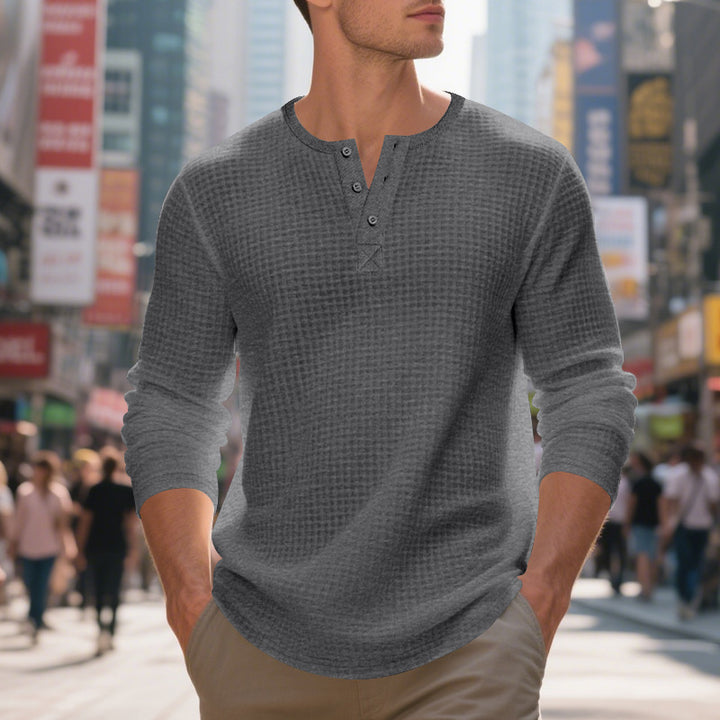 Herren nan thermoregulierendes Waffel-Thermalshirt mit Kurzknopfleiste und gerundetem Saum Echo Archiv