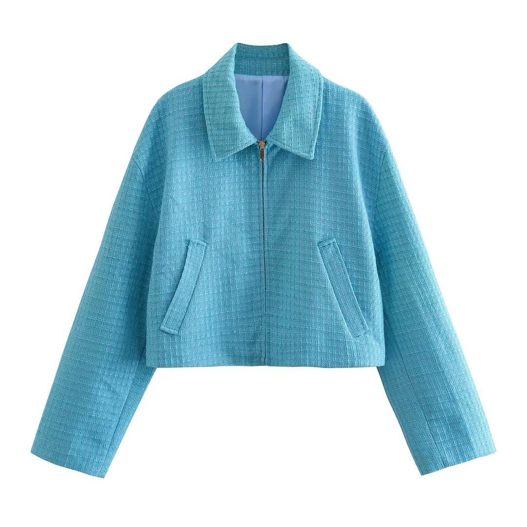 Damen Cropped Tweedjacke mit Hemdkragen, verdecktem Reißverschluss und Leistentaschen – Célinea