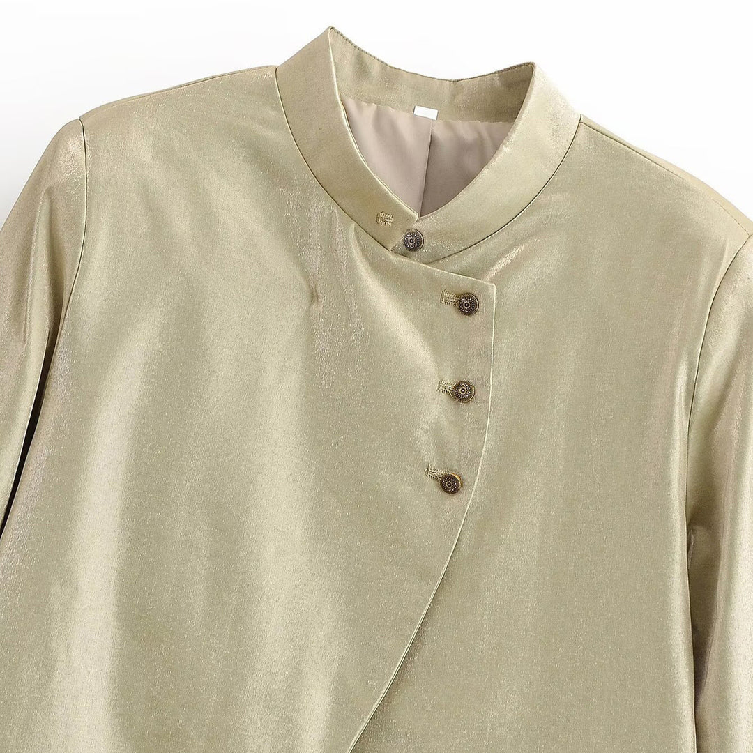Damen Glänzende A-Linien-Jacke mit asymmetrischer Knopfleiste und Glockenärmeln Echo Archiv