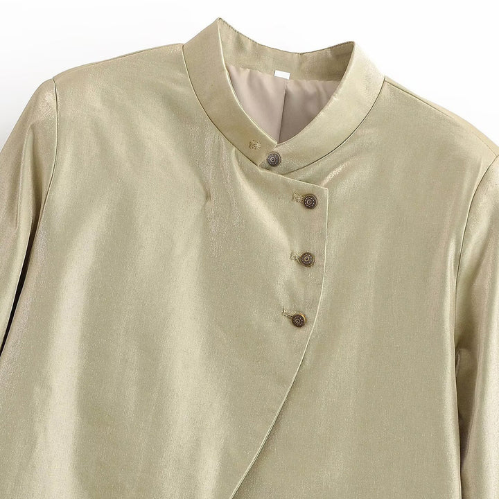 Damen Glänzende A-Linien-Jacke mit asymmetrischer Knopfleiste und Glockenärmeln Echo Archiv