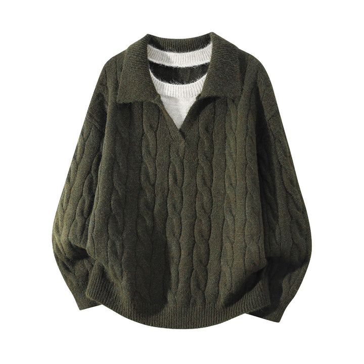 Damen Oversize Zopfmuster-Pullover mit offenem Polokragen & Layer‑Look Echoarchiv