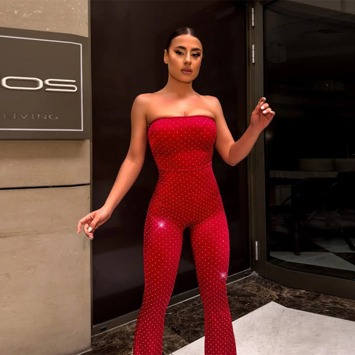 Damen Glamouröses Jumpsuit mit glänzenden Applikationen und schmalem Bein Echo Archiv