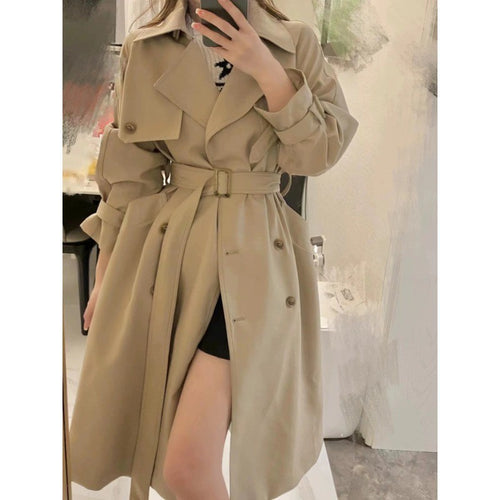 Damen Eleganter Midi-Trenchcoat mit Oversize-Schulterklappe, gerafften Ärmeln und taillierendem Bindegürtel Echoarchiv