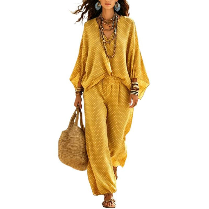 Damen Boho-Lounge-Set mit weitem V-Ausschnitt, Fledermausärmeln und elastischer Bund-Palazzohose Echoarchiv