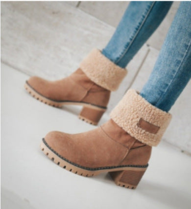 Damen Gefütterte Ankle-Boots mit Lammfell-Umschlag und profiliertem Blockabsatz Echoarchiv