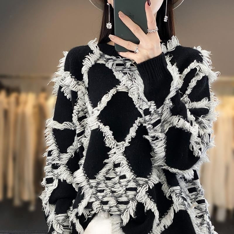 Damen Oversize-Strickpullover mit Fransen‑Diamantmuster und weicher Mohair‑Optik Echoarchiv