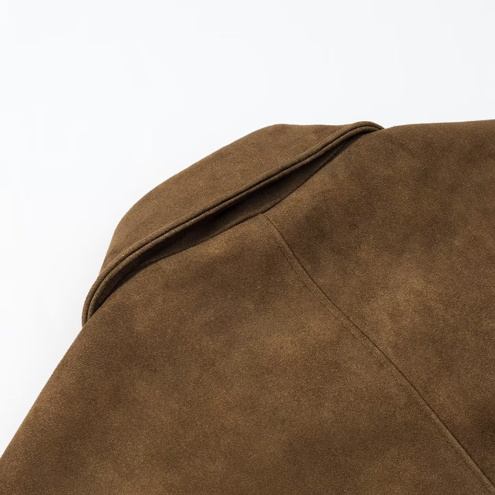 Damen kurz geschnittene Veloursleder‑Optik Jacke mit Hemdkragen und Knopfleiste Echo Archiv