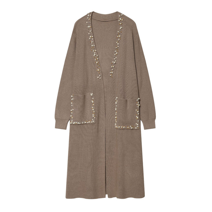 Damen langer Strickcardigan mit Perlenverzierung und aufgesetzten Taschen Echo Archiv