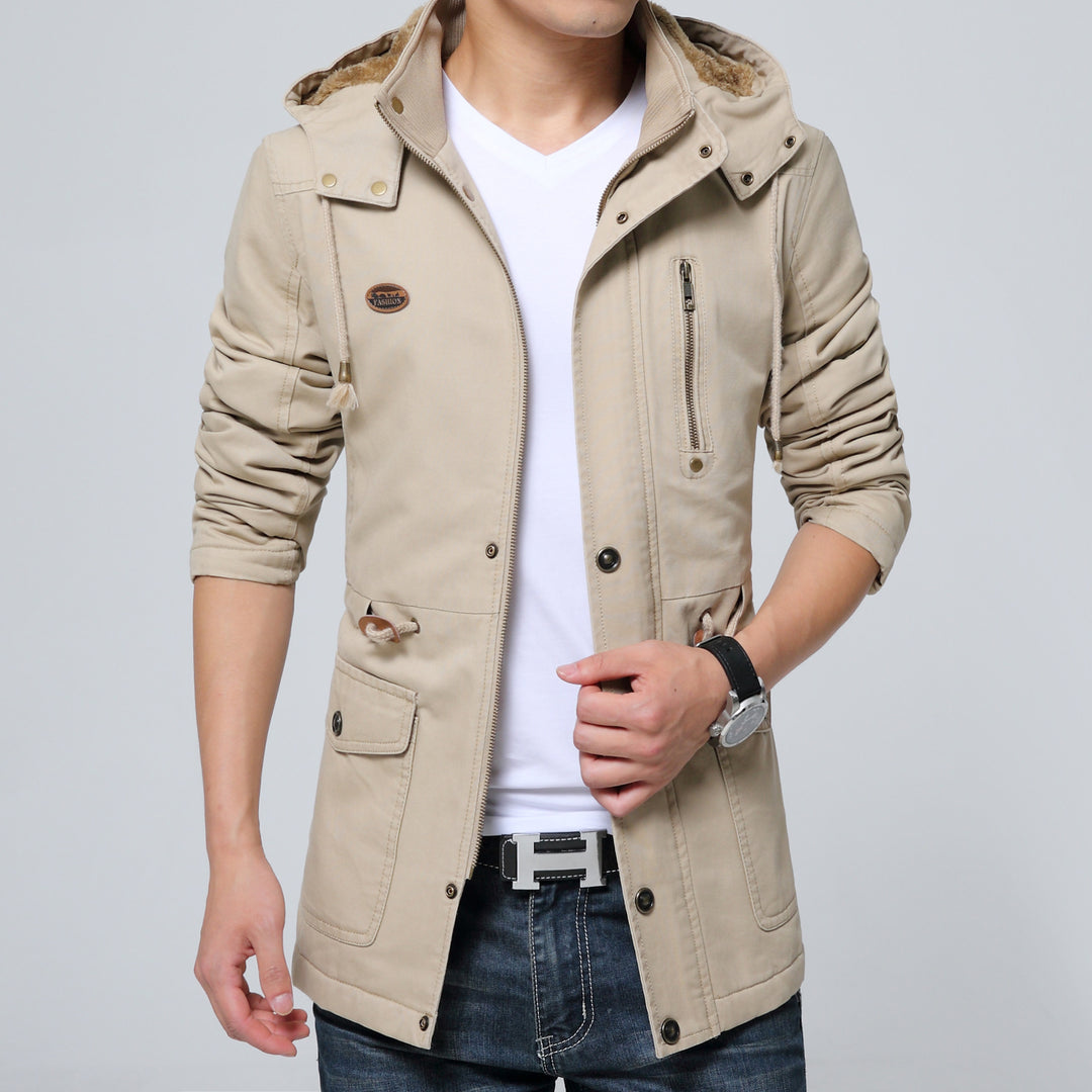 Herren Canvas-Fieldjacke mit wärmender Teddy-Kapuze und Reißverschlussbrusttasche – Taviero