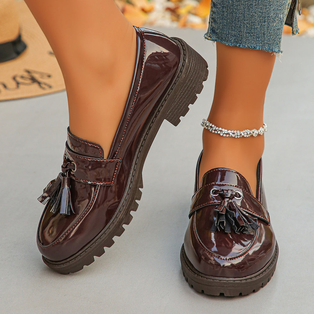 Damen nan elegante Lack-Tassel-Loafer mit profilierter Traktorsohle und gepolstertem Komfortfußbett Echo Archiv