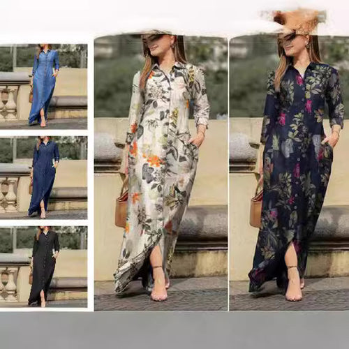 Damen Maxikleid Hemdblusenkleid mit durchgehender Knopfleiste, dreiviertelärmel und Seitentaschen – Avérine