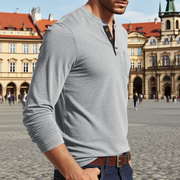 Herren Langarm-Henley-Shirt mit Knopfleiste und eleganten Akzenten Echoarchiv