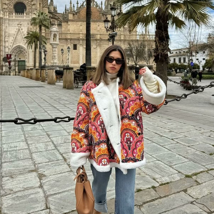 Damen gesteppte Kurzjacke mit Teddyfutter, Rundhalsausschnitt und Druckknopfverschluss – Célinea