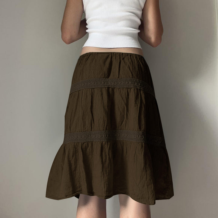 Damen nan gestufter Boho-Midirock mit elastischem Kordelbund und Häkelband-Details Echo Archiv