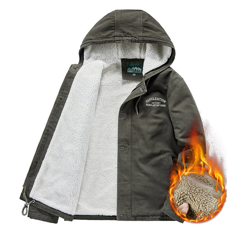 Herren Outdoor-Canvasjacke mit Voll-Sherpa-Innenfutter, Kapuze und Thermo-Isolierung Echo Archiv