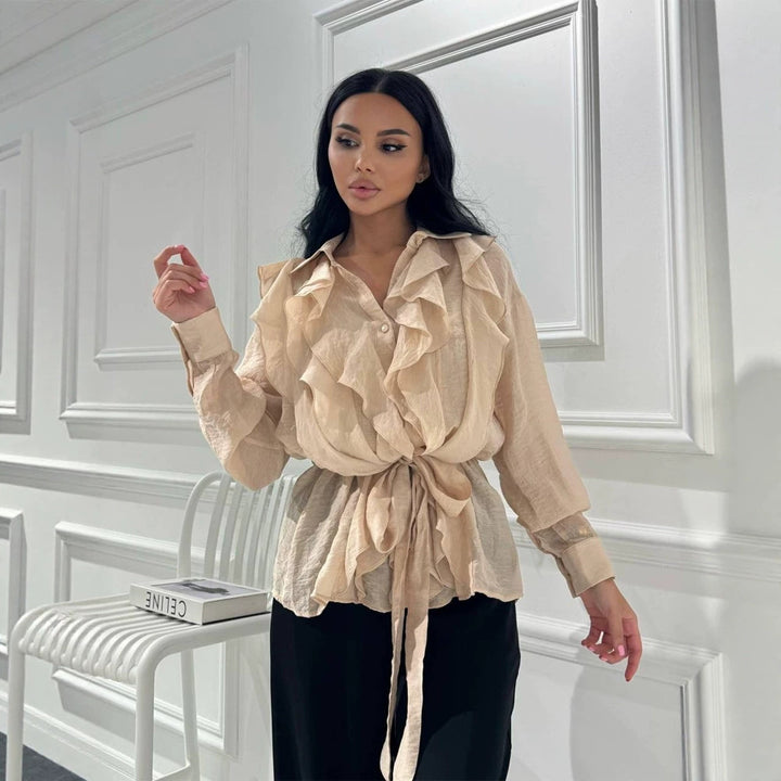 Damen Rüschige Chiffon‑Bluse mit Bindegürtel und Volants Echoarchiv