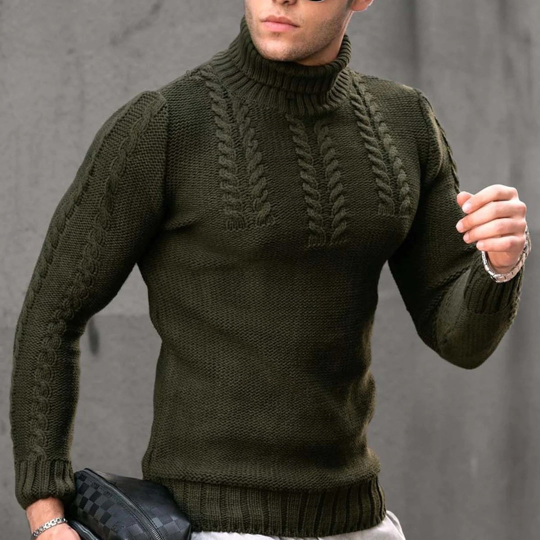 Herren gehobener Strickpullover mit hohen Kragen und detailreichen Zopfmuster Echoarchiv