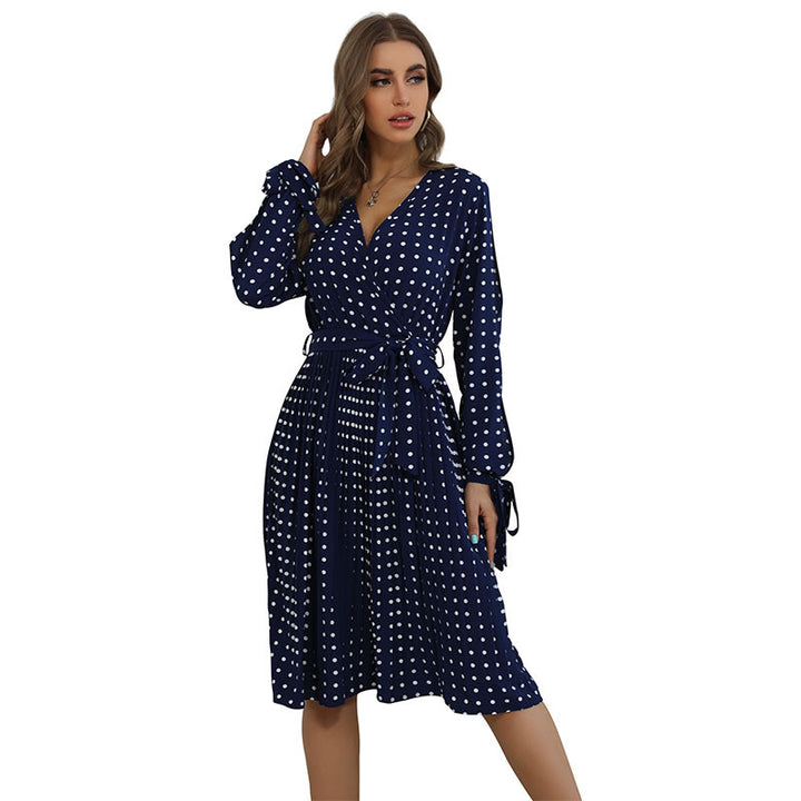 Damen Polka-Dot Wickelkleid mit V‑Ausschnitt, Bindegürtel und plissiertem Midirock Echoarchiv