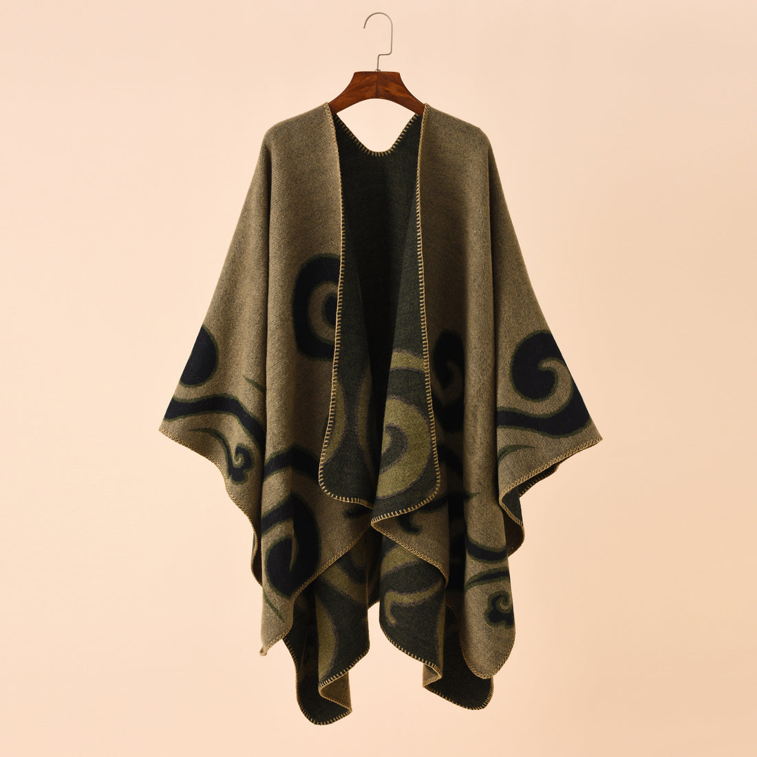 Damen Wollmix-Capeponcho im Ruana-Schnitt mit ornamentaler Intarsienstruktur – Montévia