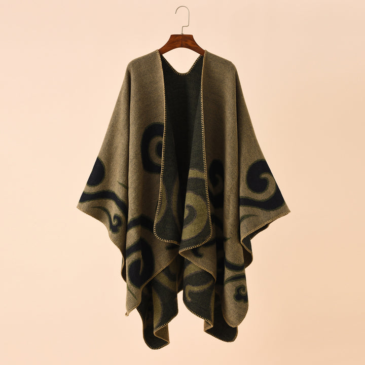 Damen Wollmix-Capeponcho im Ruana-Schnitt mit ornamentaler Intarsienstruktur – Montévia