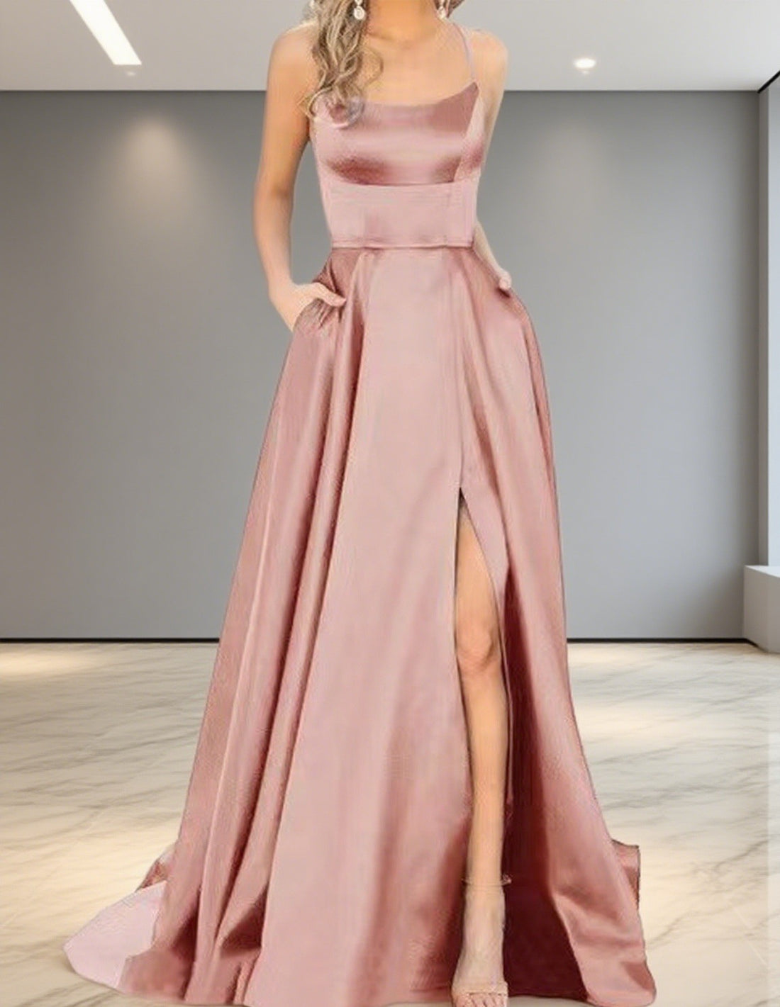 Damen Elegantes Abendkleid mit seitlichem Schlitz und schmalen Spaghetti-Trägern – Élara