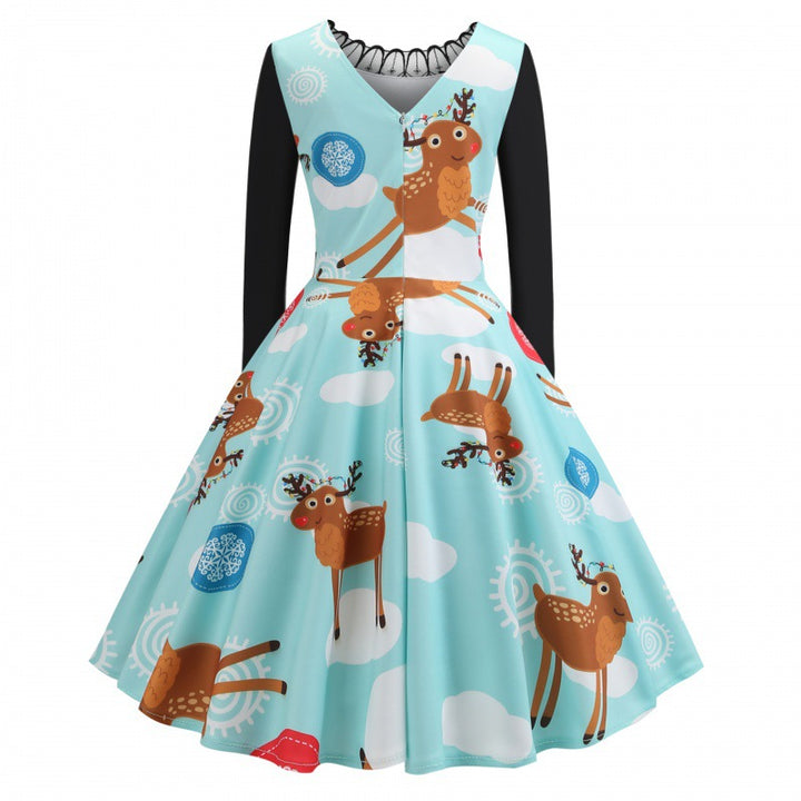 Damen Festliches Retro Swing Kleid mit Langarm A Linien Schnitt und Rentier-Print – Élara