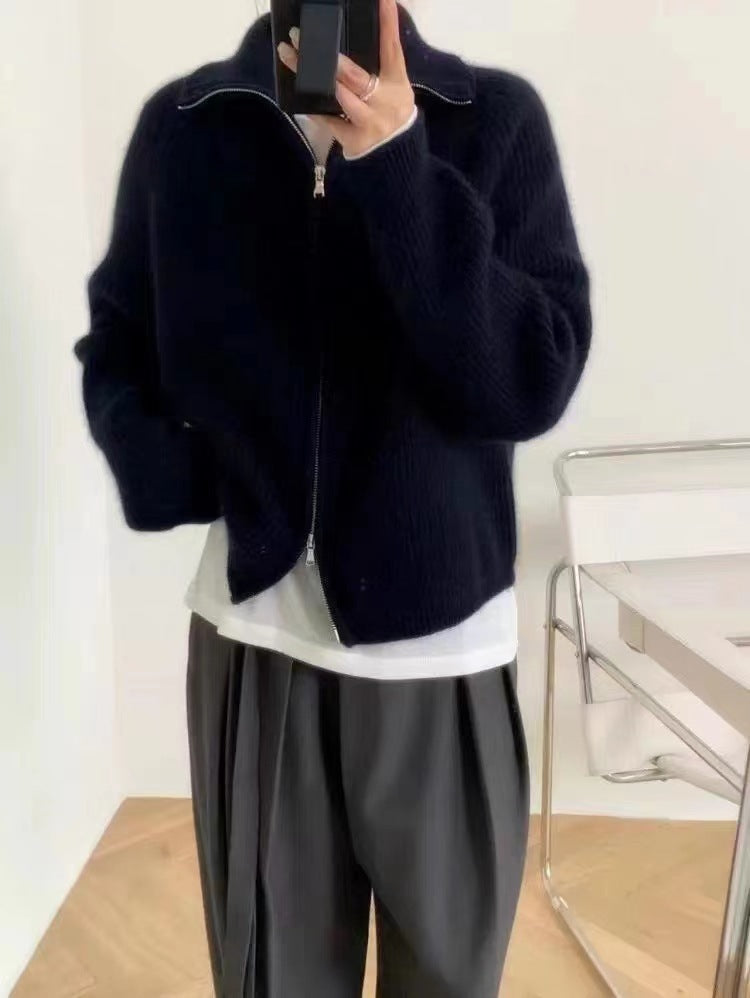 Damen Oversize-Strickjacke mit Reißverschluss, Stehkragen und gerippter Struktur Echoarchiv