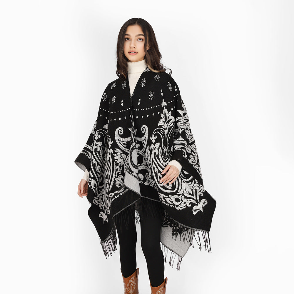 Damen Opulenter Jacquard‑Poncho im Kaftan‑Stil mit Fransen und Paisley‑Relief Echo Archiv