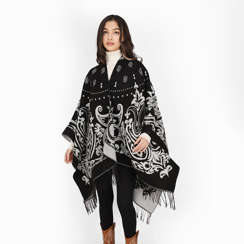Damen Opulenter Jacquard‑Poncho im Kaftan‑Stil mit Fransen und Paisley‑Relief Echo Archiv