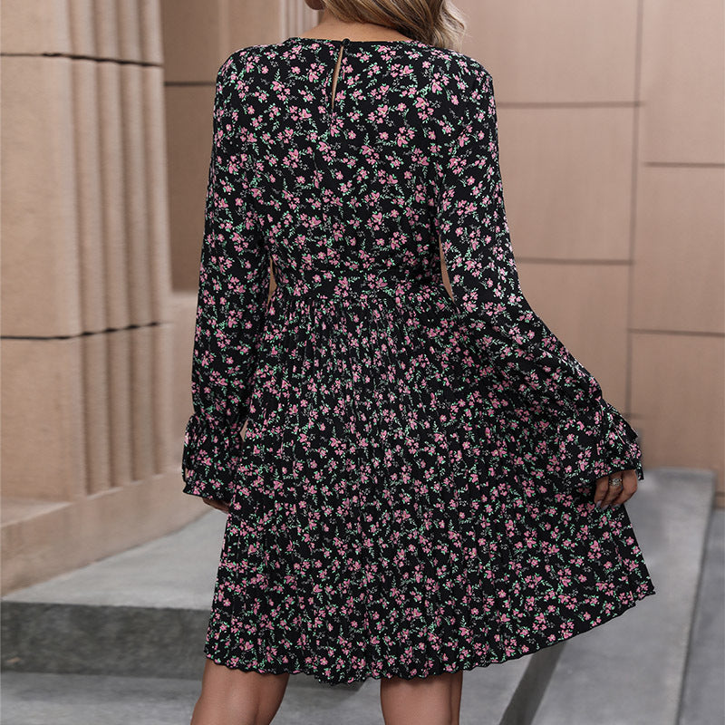 Damen Midikleid mit plissiertem Rock, Tunnelzug-Taille und Volantmanschetten Echoarchiv