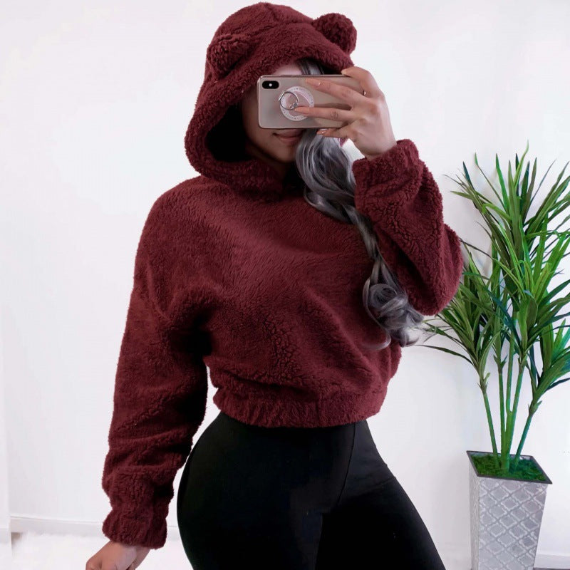 Damen Kurzer Kapuzen‑Sherpa‑Pullover mit Kängurutasche und elastischem Saum Echo Archiv