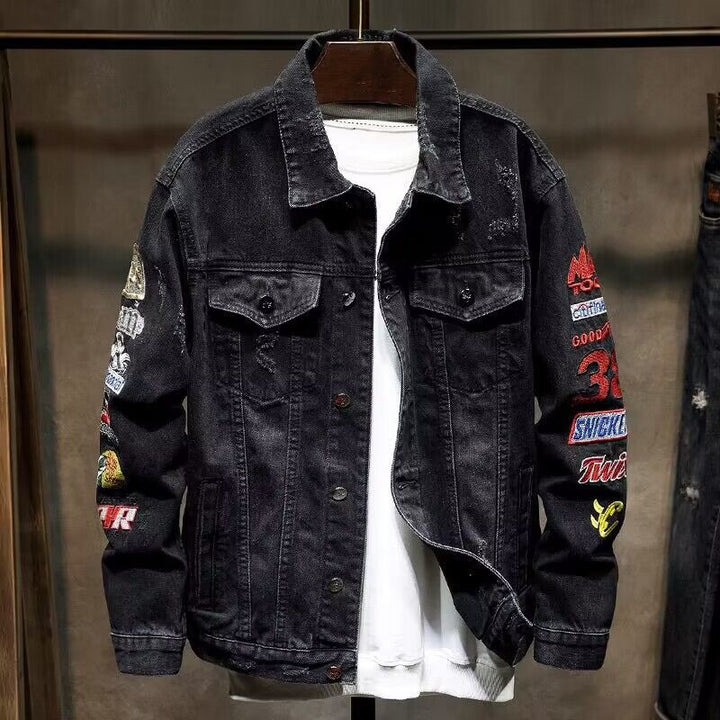 Herren Klassische Jeansjacke mit kreativen Patches Echoarchiv