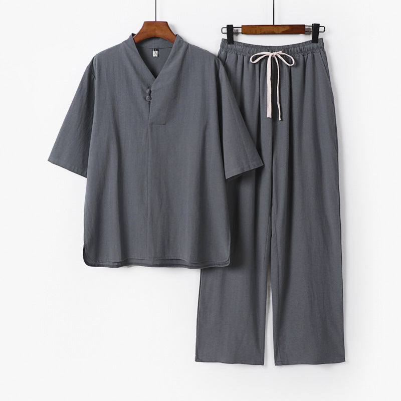 Herren Zweiteiliges Leichtes Loungewear-Set mit Stehkragen-Halbarmshirt und Kordelbund-Hose Echoarchiv