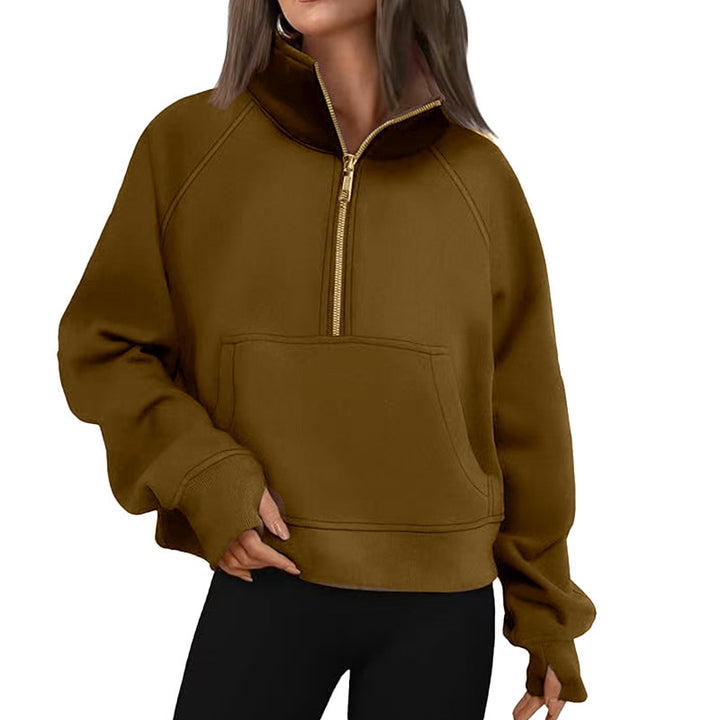 Damen nan kurzer Halfzip-Sweater mit hohem Stehkragen, Kängurutasche und verlängerten Daumenlöchern Echo Archiv