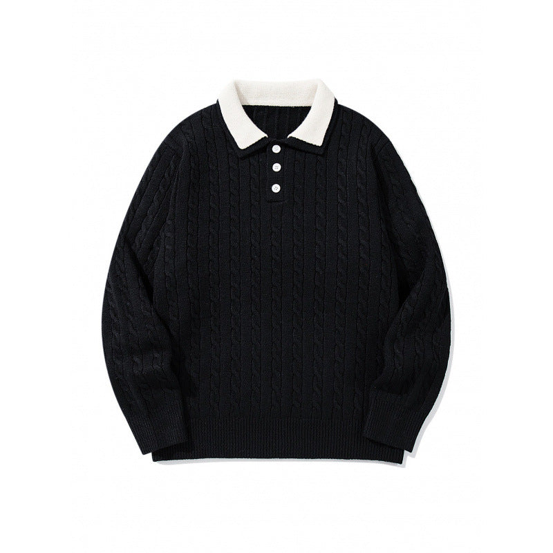 Herren Grobgestrickter Polokragen-Pullover mit Zopfmuster und Knopfleiste Echo Archiv