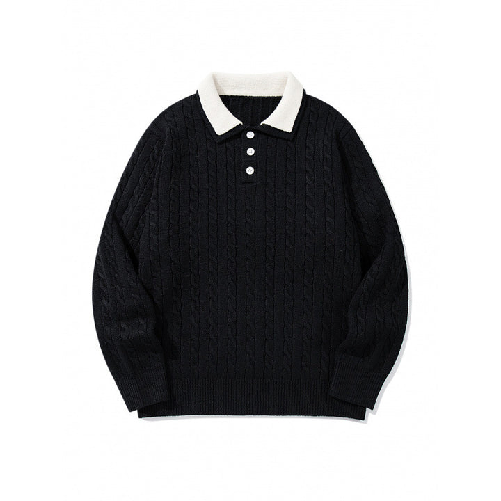 Herren Grobgestrickter Polokragen-Pullover mit Zopfmuster und Knopfleiste Echo Archiv