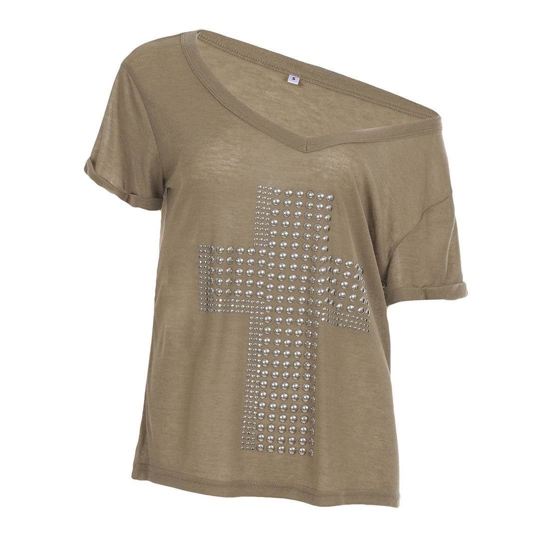 Damen V-Ausschnitt T-Shirt mit stilvollem Nieten-Dekor Echo Archiv