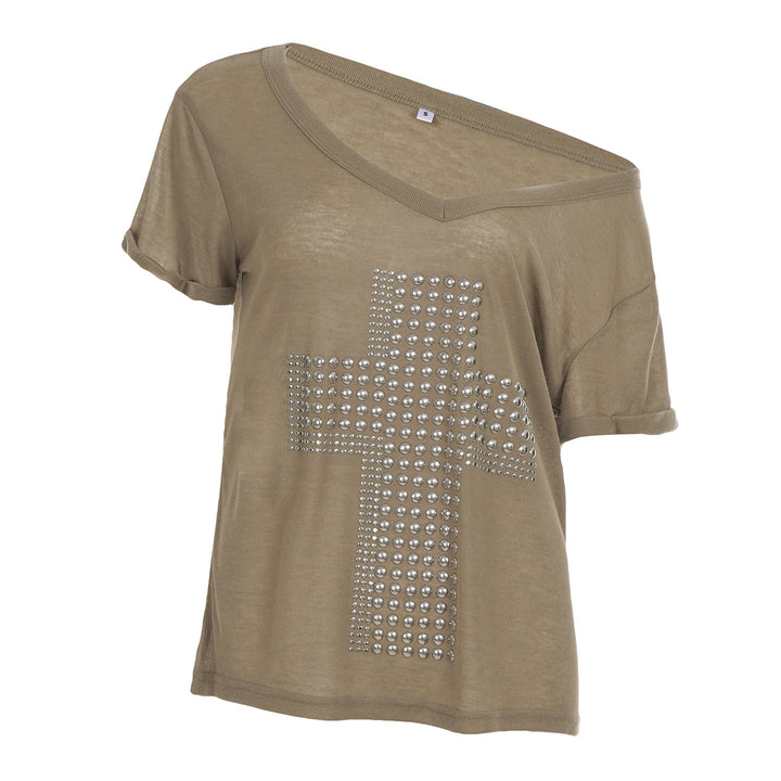 Damen V-Ausschnitt T-Shirt mit stilvollem Nieten-Dekor Echo Archiv