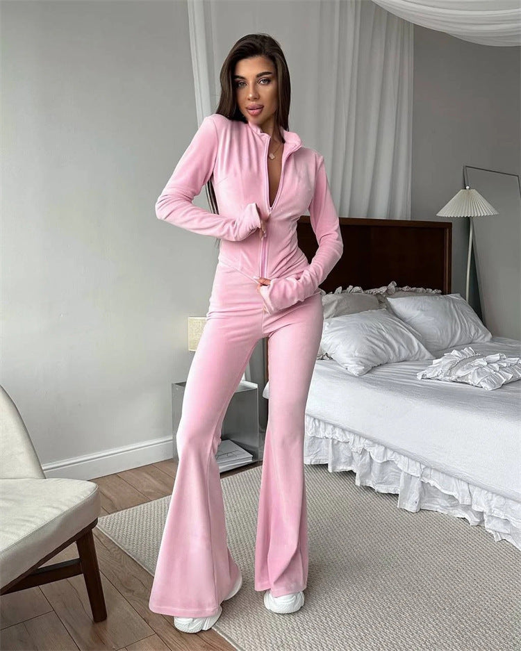 Damen nan taillierter Velours-Overall mit Halbzip, Kapuze und ausgestelltem Schlag Echo Archiv