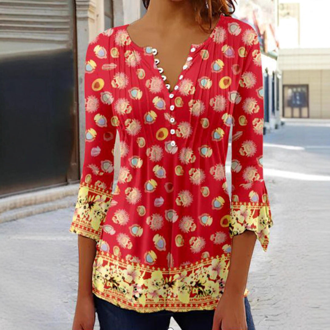 Damen nan leichte Boho-Bluse mit V-Ausschnitt, Zierfalten, Knopfleiste und dreiviertelärmeln Echo Archiv