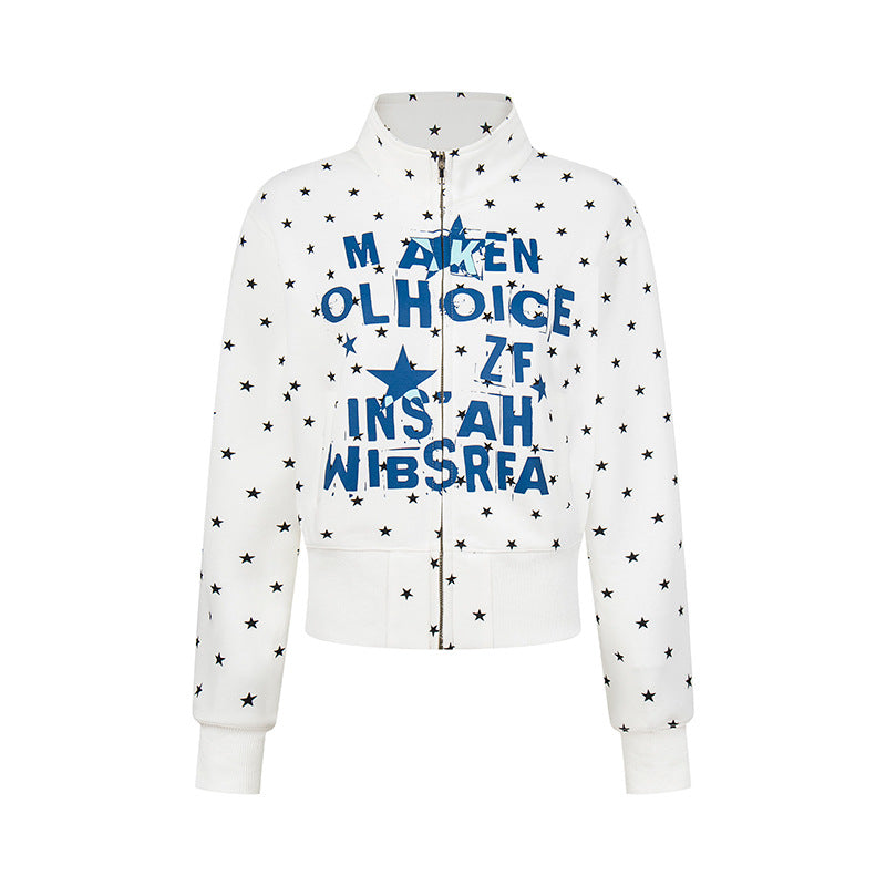 Damen Kurze Reißverschluss-Sweatjacke mit Stehkragen, Allover-Sternprint und Statement-Frontprint Echoarchiv