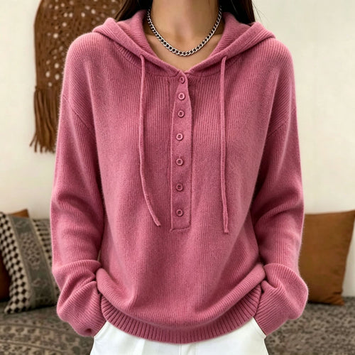 Damen Kapuzenpullover aus weichem Feinstrick mit Knopfleiste und relaxed Fit – Auréline