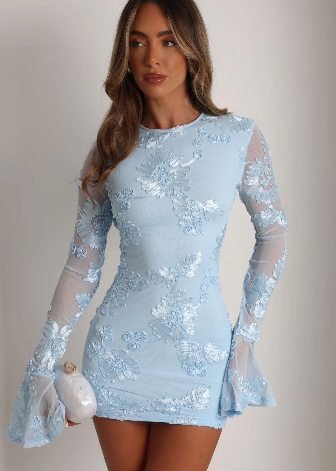 Damen Figurnahes Spitzenkleid mit floralen Applikationen und langen Ärmeln Echo Archiv