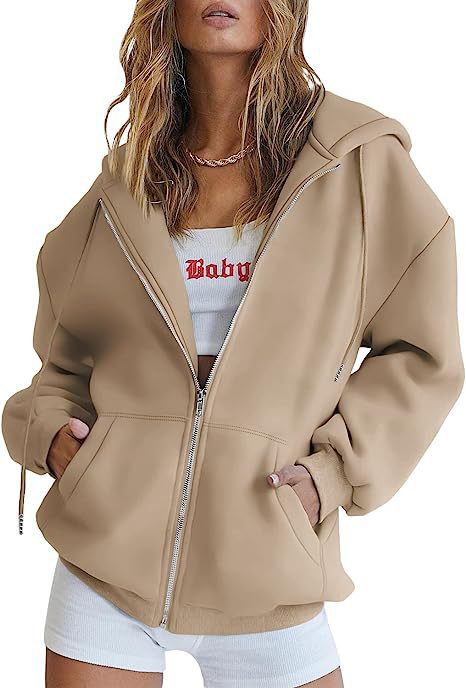 Damen oversized Kapuzenjacke mit durchgehendem Reißverschluss Kängurutaschen und weichem Sweatmaterial – Auréline