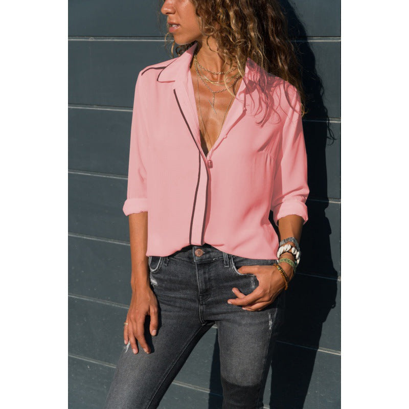 Damen Elegante Bluse mit Kontrastpaspel, V‑Ausschnitt und krempelbaren Ärmeln – Élovi