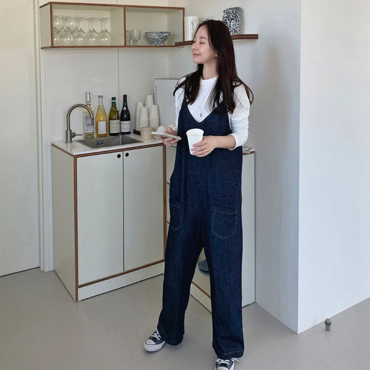 Damen Oversized Denim-Latzhose mit weitem Bein und Eingrifftaschen – Avélisse