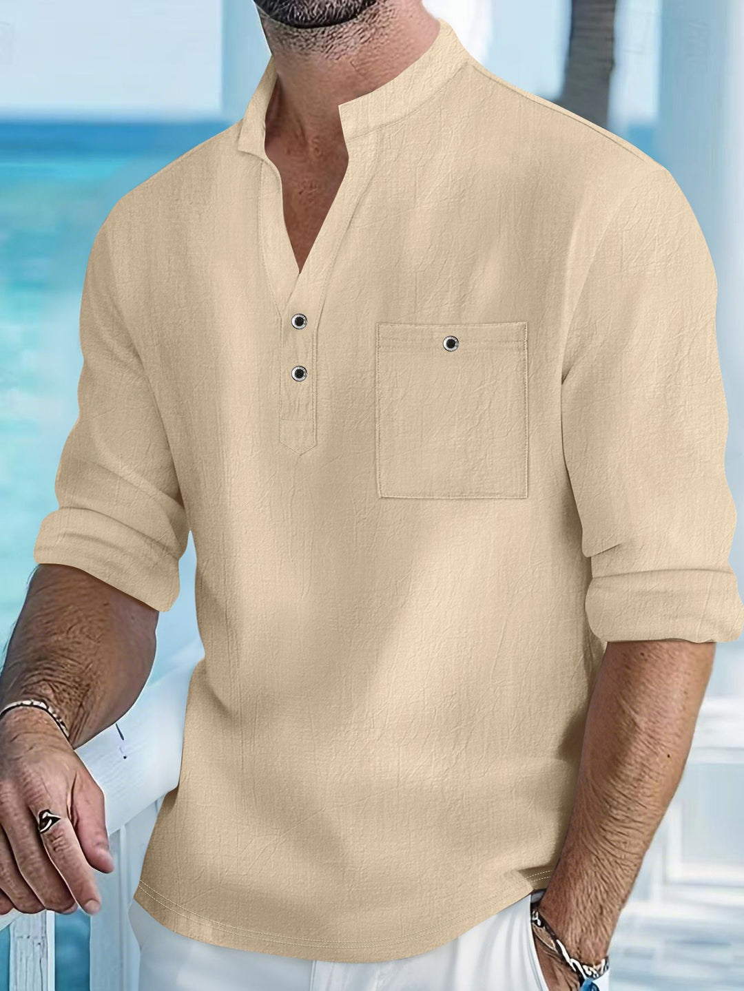 Herren lässiges Henley-Shirt mit Knopfleiste und Brusttasche Echoarchiv