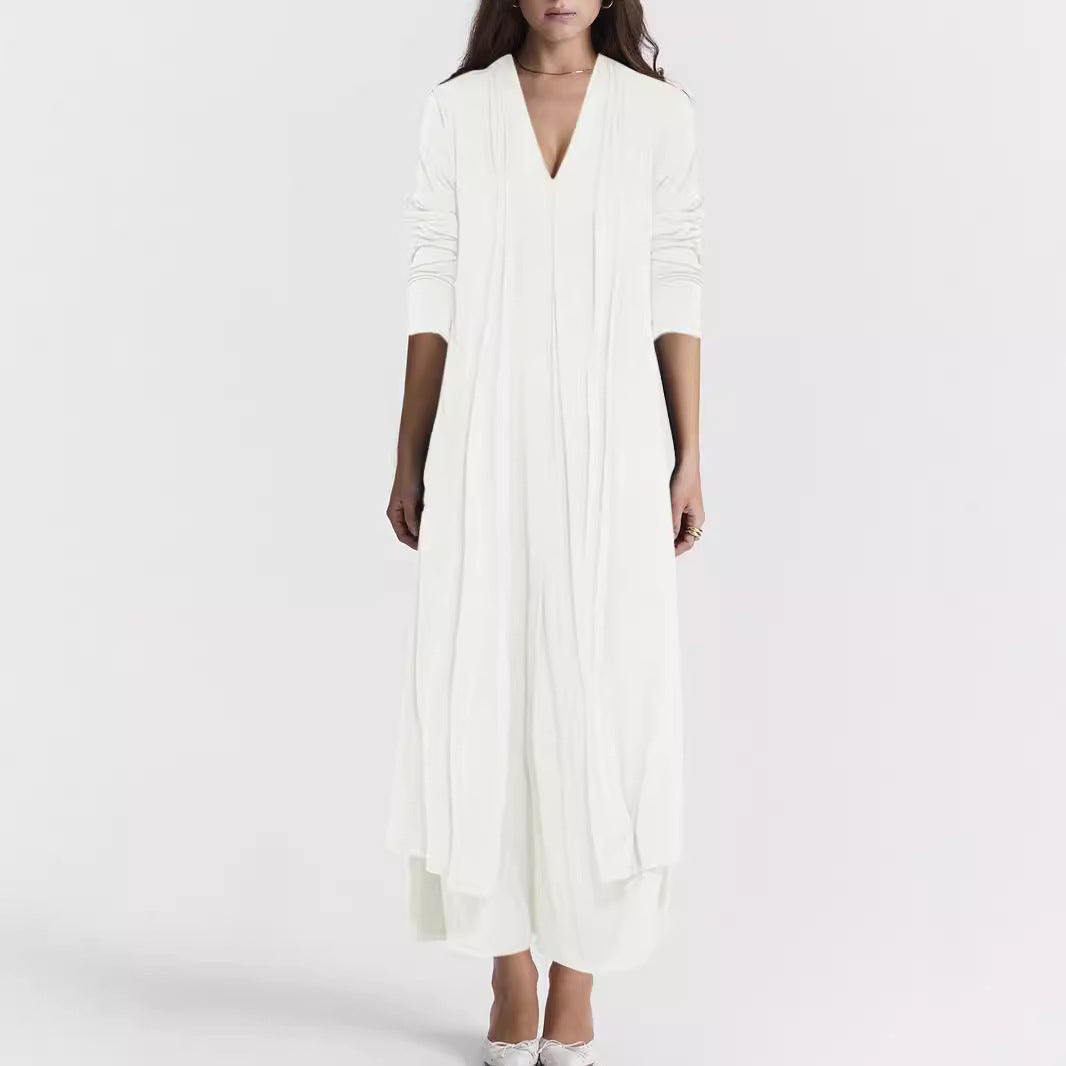 Damen Langer Offener Jersey-Cardigan mit Eingrifftaschen und fließender Drapierung – Veloura